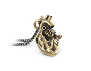 FLAMING ANATOMICAL HEART NECKLACE - BRONZE